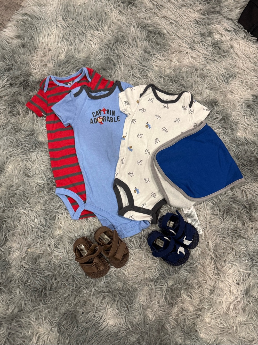 3-Pack Baby One-Piece Bodysuits with Blue Burp Cloth and sandles
